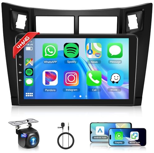 Rimoody 4+64G Wireless Carplay Radio de Coche para Toyota Yaris 2005-2011 9 Pulgadas HD Android 13 Radio con Android Auto Navegación GPS Mirror Link Bluetooth WiFi/FM/RDS/EQ/SWC/USB Cámara Trasera