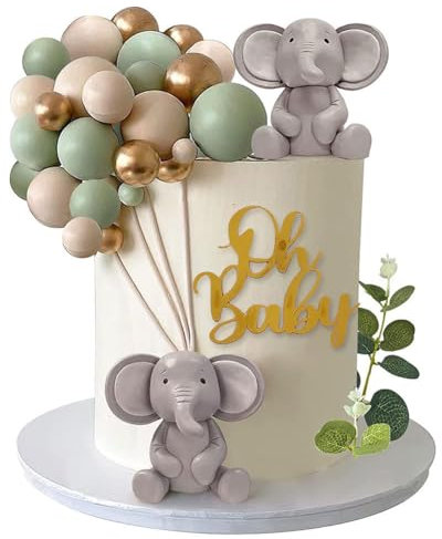 26PCS Cute Baby Elephant Pearl Balls Cake Decoration Mini Balloon Cake Topper Baking Cake Decorations DIY Elephant Theme Party Supplies for Birthday Party Baby Shower Wedding - Green Brown