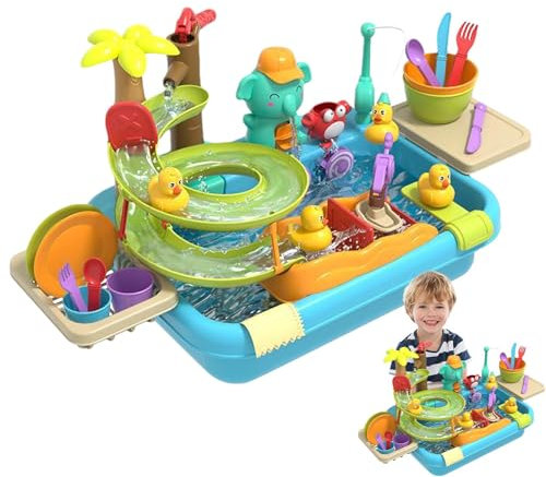 Simulieren Sie Waschbecken mit fließendem Wasser, Küchenspüle Spielzeug - Schwimm- und Angelspielzeug für Pool und Spülmaschine 4 in 1 - Geschirrspüler Spielzeug, Küchenreinigungsset mit P