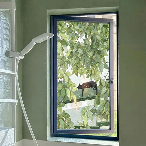 Eiauiuo Art Fensterfolie Grüne Blätter Fenster Dekorfolie Blickdicht Fenster Sichtschutzfolie Selbstklebende Milchglasfolie Statisch Haftend Fenster Folie Glas Aufkleber für Glas Fenster und Glas Tür