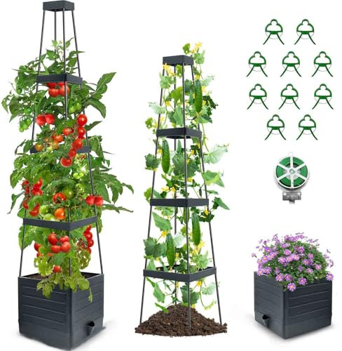 MQHUAYU 57in Raised Garden Bed Planter Box with Trellis, Self Watering Tomato Cage Planter Raised Garden Bed with Trellis for Climbing Vegetables Plants Tomato Cage