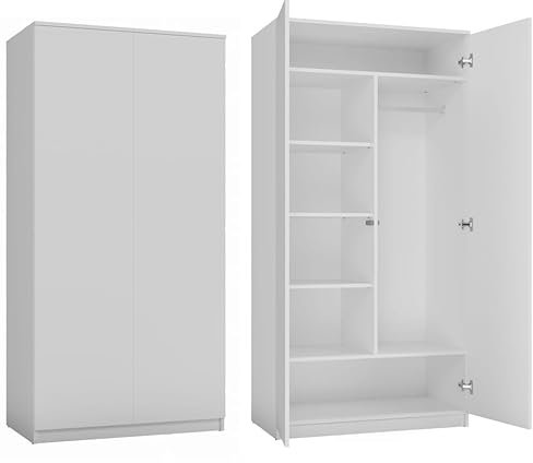 BDW Kleiderschränk 2 Türen, 6 Einlegeböden, Kleiderständer, Mehrzweckschrank, Schubladenschrank, Garderobenschrank für Schlafzimmer, Wohnräume, 180x90x50cm, (Weiß)