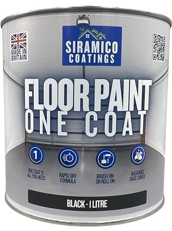 SIRAMICO COATINGS One Coat Anti-Slip Floor Paint | 1 Litres | 5 Modern Colours I Waterbased, Quick Drying Formula | White, Black, Greys (Black, 1 Liter)