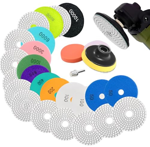 JDHUIOO 16PCS Diamant nass Polierscheiben mit M14 Gummi-Stützteller Wollfilz,100mm Marmor Polierset Schleifpads für Granit Beton Fliesen Stein Schleifen,50-10000 Schleifscheibe für winkelschleifer,.