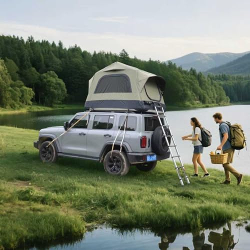 Generisch Aufblasbares Dachzelt mit Handpumpe für Auto-Camping, Wasserdicht PU3000mm & UPF50+, 15cm Matratze, 5-Min Aufbau, Grün-Schwarz für 1-3 Personen