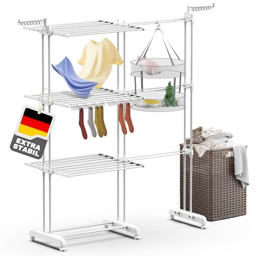 Huracan Turm Wäscheständer Standtrockner 3 Ebenen mit Sockenhalter, Flügelwäscheständer Klappbare, Wäschetrockner mit Rollen für Innen Außen, Wäscheturm Teleskop, Clothes Drying Rack Wäschehalter Weiß