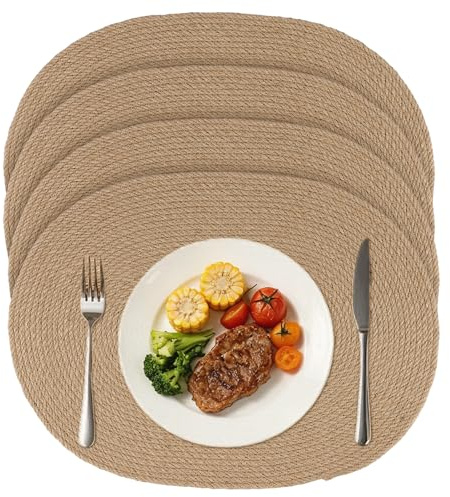 HONYUET 4 Stück Platzset Oval, 40 x 30 cm Tischsets Oval aus Jute in Braun, Boho Style Tischuntersetzer, für Tisch Deko und Esstisch