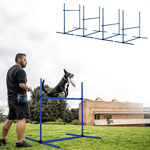 AufuN Agility-set, 4 x höjdjusterbara hinder + slalomstavar inklusive bärväska, hindset, träningsutrustning för hundskolor och hemmabruk, 104 x 70 x 101 cm, blå