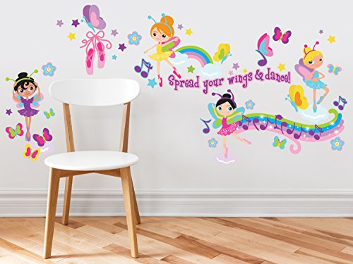 Ballerina Fabric Wall Decals, Set of 4 Beautiful Ballerinas with Butterflies, Musical Notes, Rainbow and More, Repositionable & Reusable