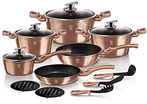 Berlinger Haus, Batterie de Cuisine de 15 Pièces, Collection Rose Gold, revêtement en marbre antiadhésif à 3 couches, Poignée de touche souple ergonomique, Pour tous feux