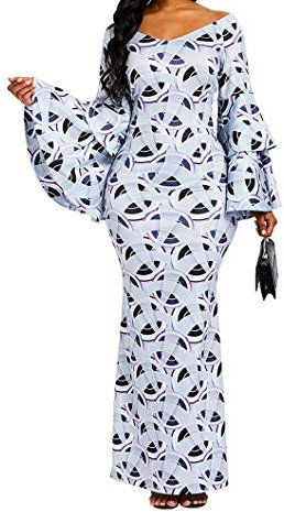 VERWIN Bodycon Maxi Dress for Women - Ruffle Long Sleeve Print Wrap Party Long Dress XL