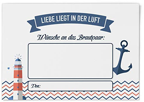 DeinWeddingshop Ballonflugkarten zur Hochzeit 50 Stück, extra leichte Postkarten für langen Flug, Platz für Glückwünsche (Maritim Anker)