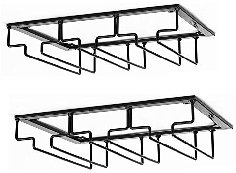 DEFWAY Weinglashalter Gläserhalter Weinglas Rack - Eisen Stielgläser Halter Unter Schrank, 3 Schienen Weinglashalterung mit Schrauben für Bar Küche Zuhause, Schwarz, 2 Packung