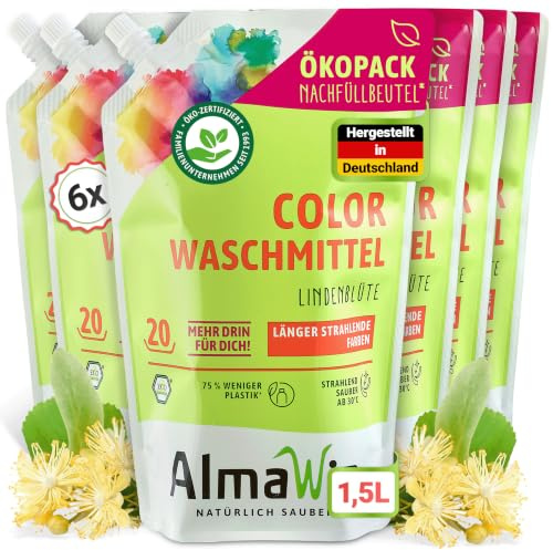 AlmaWin® Color Waschmittel flüssig [6x1,5L - 120 Ladungen] mit Lindenblüten-Duft für strahlende Reinheit - Öko Waschmittel Color 30-60°C - Flüssigwaschmittel Vegan im Öko-Pack Nachfüllbeutel
