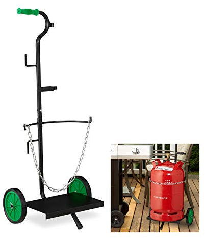 Relaxdays Gas Cylinder Dolly, 5 & 11 kg Propane Tank Hand Cart, Butane Bottle Trolley, Rubber Wheels, Steel, Black/Green