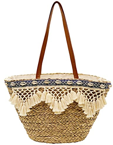 Boho Korbtasche Santorini mit Kunstlederhenkel // Boho Ibizatasche Strandtasche Groß mit Reißverschluss // Ibiza Mallorca Marokko Style - Strandurlaub Damen Natur