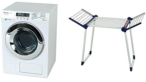 Theo Klein 6941 Miele Waschmaschine I Vier Waschprogramme und Originalgeräusche I 8,5 cm x 26 cm x 18 cm I Weiss & 6564 Leifheit Trockenständer I 27 cm x 63 cm x 50 cm I Spielzeug für ab 3 Jahren