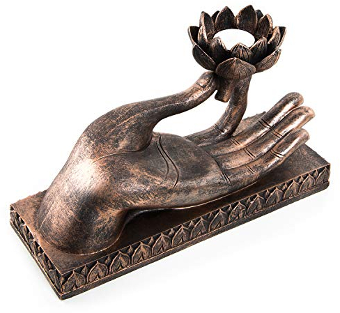 Logbuch-Verlag großer Teelichthalter Buddha Hand mit Lotusblume Skulptur Kerzenhalter Geschenk Geburtstag Deko asiatisch 32 cm
