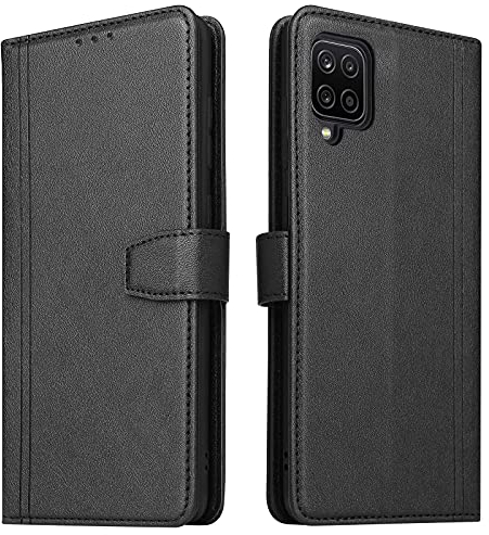 Handyhülle für Samsung Galaxy A12, Leder Handytasche Klapphülle Flip Case Brieftasche mit Kartenfach/Magnetverschluss Lederhülle mit RFID Schutz für Samsung Galaxy A12/ M12, Schwarz