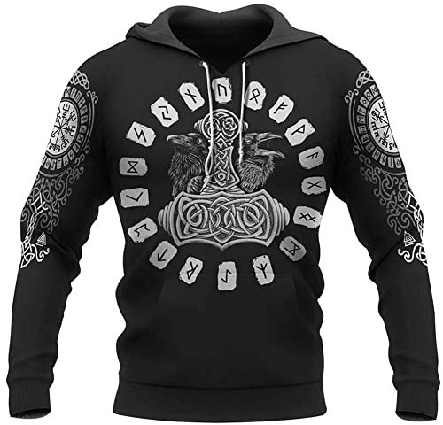 WDBAYXH Viking Thor's Hammer Sweatshirt, Odin's Ravens Runes Streetwear Vegvisir Hoody Hoodie, 3D Print Casual Zip Jacket,Pullover,S
