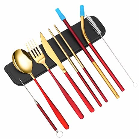 XINYUWIN Portable Travel Utensils Flatware Set 8 Pieces Portable & Reusable Stainless Steel Cutlery Include Fork Knife Spoon Chopsticks Straws Toothpick Cleaning Brush Safe with Case(Red Golden)