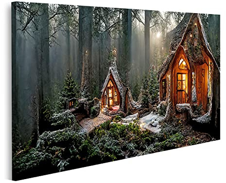 islandburner Bild auf Leinwand Das Haus des Weihnachtsmann im Zauberwald schön geschmückte Weihnachten Deko 1 Bilder Wandbilder Poster AWJU-1P