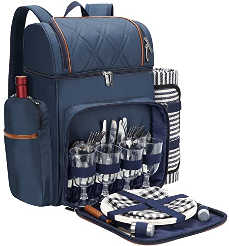 Picnic Backpack for 4, Picnic Basket Set, Leakproof Picnic Bag, Beach Cooler Backpack with Insulated Cooler Wine Pouch,Picnic Blanket, Double Deck Picnic Backpack for Beach,Camping,Park (Navyblue)