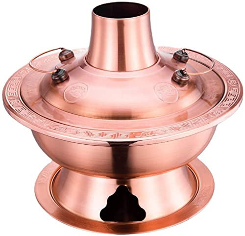 Vintage Copper Hot Pot with Chimney Stainless Steel Hot Pot Cooker Chinese Kitchen Soup Cooking Cookware for 1-10 People Home Party Restaurant,Gold,30cm