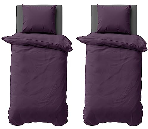 Visaggio Bettwäsche 135x200 cm Mikrofaser Uni Einfarbig 4 teilige Bettbezug Set mit Reißverschluss Aubergine Violett