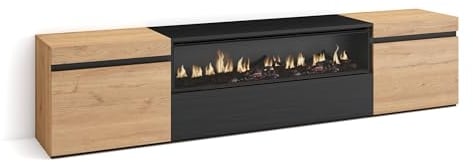 Skraut Home | TV-Schrank, Lowboard | für Wohnzimmer und Esszimmer | 200x45x35cm | Für TV-Geräte bis zu 80 | Elektrokamin. Maße | Moderner Stil | Eiche Schwarz