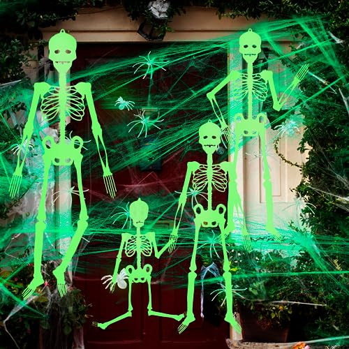 Dhnvcud 5 Stück Skelett Leuchtend mit 100g Spinnennetz Leuchtend 20 Deko Spinnen, Halloween Deko Skelett Halloween Spinnennetz Leuchtende Skelette Leuchtendes Skelett für Halloween Deko Gruselig