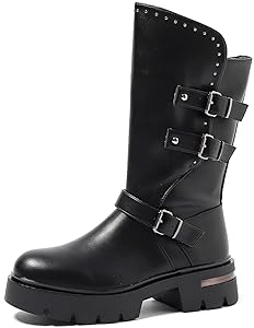 QUEEN HELENA Stivali Biker con Fibbia Stivaletti con Borchie Donna X29-89 (Nero, 37)