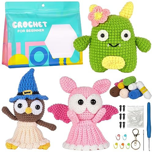 Camiraft Häkelset für Anfänger,Komplettes Häkelset mit Verschiedene Tier-Häkelanleitungen,Eule Flip+Fledermaus Flip+Monster,DIY Häkel Set mit Häkeltasche und Anleitung,Häkeln für Anfänger