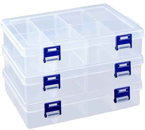 3Pcs Clear Craft Storage Box, Adjustable Dividers 8 Grids Plastic Tiered Organiser Diamond Embroidery Box, DIY Art Craft Grids Accessories Storage Box for Beads/Jewellery/Arts/Crafts (large 24 grids)