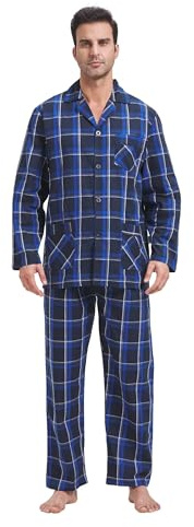 GLOBAL Ensembles de Pyjama Homme Long Vetements De Nuit 100% Coton Pantalon Manche Longue Boutonné Pjs