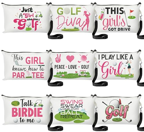 R HORSE Lot de 9 trousses de maquillage de golf - Cadeaux inspirants pour femmes et filles - Trousse de toilette en toile - Accessoires de Noël et d'anniversaire pour les amateurs de golf