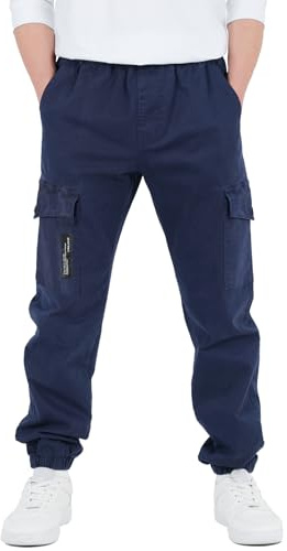 CAMLAKEE Boys' Elastic Waist Cargo Jogger Pants, navy blue, 14-16 Years