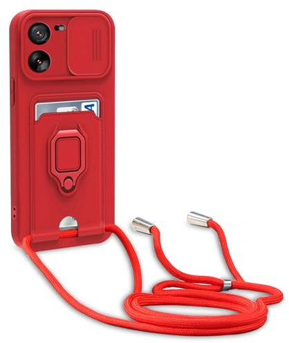 yanasuo Schiebe Kameraschutz Silikon Handykette Hülle kompatibel mit Xiaomi Mi 13T/13T Pro (6.67), Metall Ring Halter Handy Cover,Verstellbarer Halskette Handyhülle-Rot