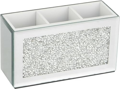 SERENA'S ® Mirrored Makeup Brush Holder Organiser Crushed Diamond Beauty box Glass Mirror Jewel Container Storage Case, 3 Slots Remote Pen Pencil Holder for Desk Eyeliner Display Vanity