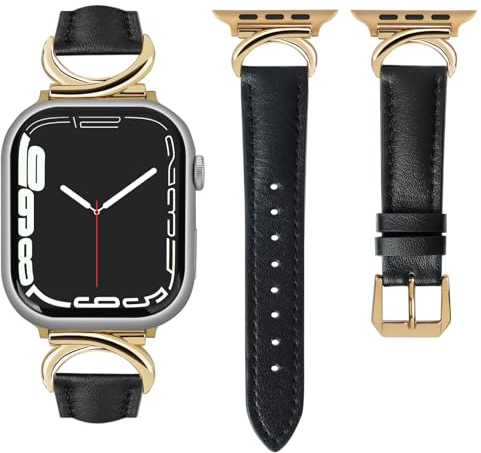 mxiixnai Lederarmband kompatibel mit Apple Watch Armband 41/40/38/42mm Damen, Echtesleder Armbänder mit C-förmiger Schnalle für iWatch 10/9/8/7/SE/6/5/4/3/2/1,Schwarz/Gold
