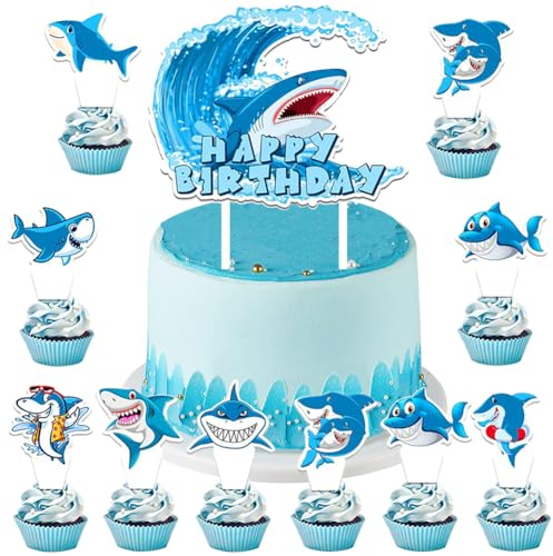 MEZHEN Decorazioni Torta Squalo Decorazioni per Torte Squalo Topper per Torte Compleanno Decorazioni per Cupcake Topper Happy Birthday Decorazioni per Feste