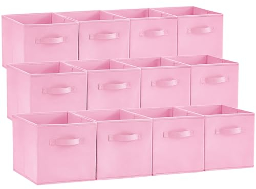 Lifewit Lot de 12 Cubes de Rangement, Boite Rangement Tissu, Caisse Rangement Pliable, Panier de Rangement Décoratifs, Bac de Rangement Placard Vetement avec Poignées, 26,5 x 26,5 x 28 cm, Rose