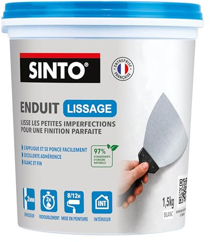 SINTO – Enduit de Lissage – Élimine Petites Imperfections – Finition parfaite - Prêt à l’Emploi – Intérieur Professionnel – Application & Ponçage Faciles – Rebouche jusqu’à 2 mm – Seau 1,5 kg