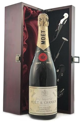 Moet And Chandon Dry Imperial Vintage Champagne 1955 (1cms inverted) in a silk lined wooden box with four wine accessories, 1 x 750ml