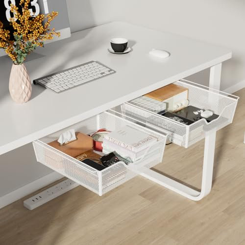 smusei 2-Packs Self-adhesive Drawers Under Desk Metal Mesh Hidden Drawer Under Table for File and Paper, 33×31×9.5cm, White