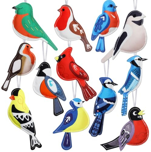 Motionchic 12 Pcs Felt Birds Ornaments Kit for Christmas Tree Decoration Stuffed Felted Cardinal Hummingbird Goldfinch Hanging Decor for Christmas Xmas Winter Tree Tag Basket Stuffer Party Supply