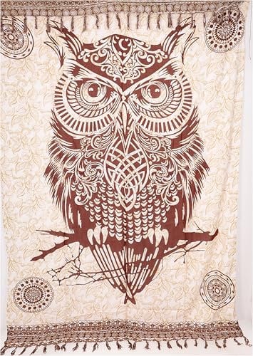 GURU SHOP Bali Batik Sarongkleid, Wickelrock, Sarong, Strand Tuch, Wandtuch - Eule/braun, Herren/Damen, Synthetisch, 160x100 cm