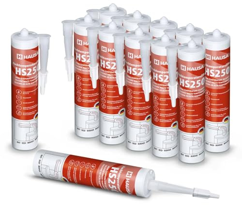 Silicone haute température HS250 Colle et mastic professionnel pour joints pour températures jusqu'à 305°C Étanchéité de moteurs automobiles, industriels et marins 12x310ml (Rouge) HAUSA