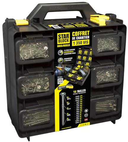 STARBLOCK Coffret vis Bois/Agglo, 1 350 pièces, Tête fraisée, 15 dimensions, Empreinte Torx, Pointe entaillée, Acier zingué