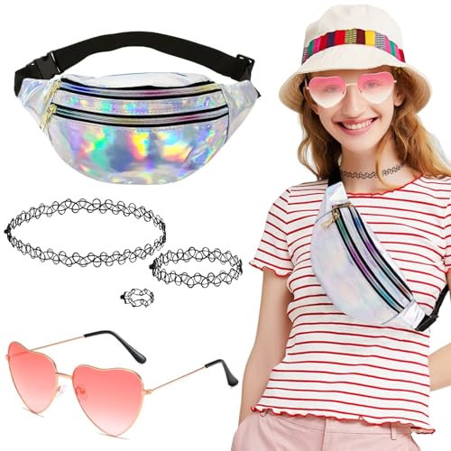 WUSANNA 90er Jahre Outfit Damen 90er Jahre Accessoires Outfit Metallic Bauchtasche Gürteltasche Herz Party Brillen für Hippie Neon Karneval Karneval Cosplay Kostümzubehör Geeignet für Mädchen